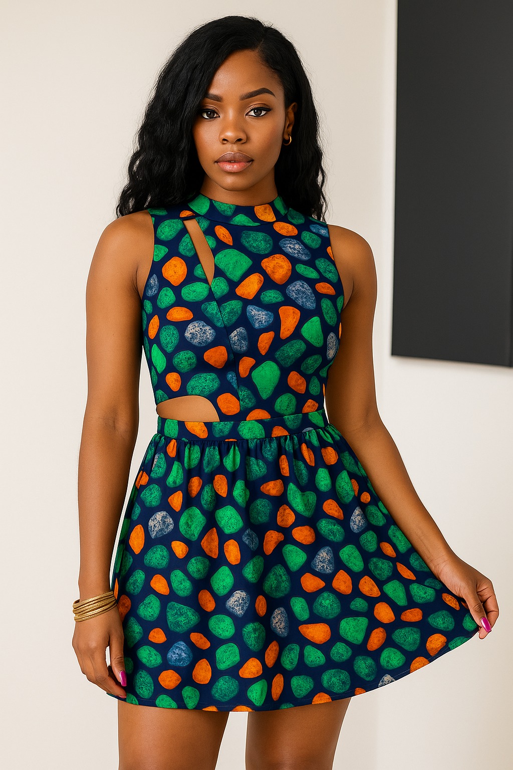 Amani Cut-Out in river-stone: green, orange and slate pebble print on navy with a high collar