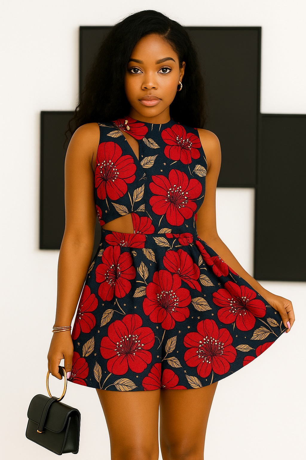 Amani Cut-Out in crimson bloom: red wax-print flowers with gold leaves on midnight navy