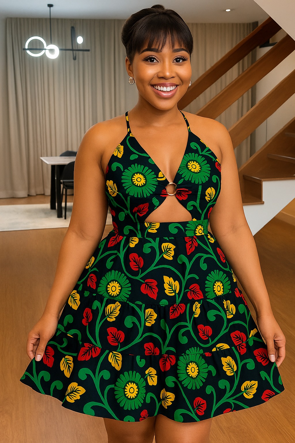 The Midnight Bloom: obsidian mini dress with flowing green uli-style vines, red and gold blossoms, brass ring at the sternum