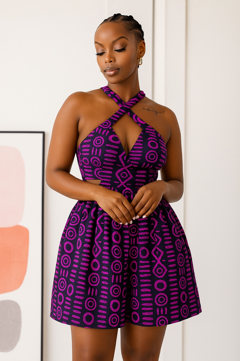 Kora playsuit in night-signal: violet nsibidi-style rings, lines and diamonds on black