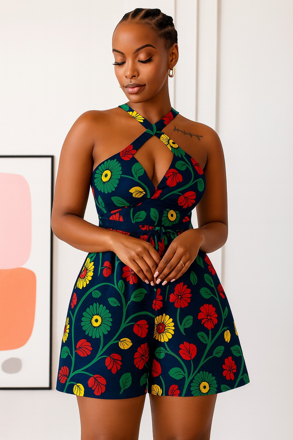 Kora playsuit in garden vine: green, red and yellow floral vines on deep navy