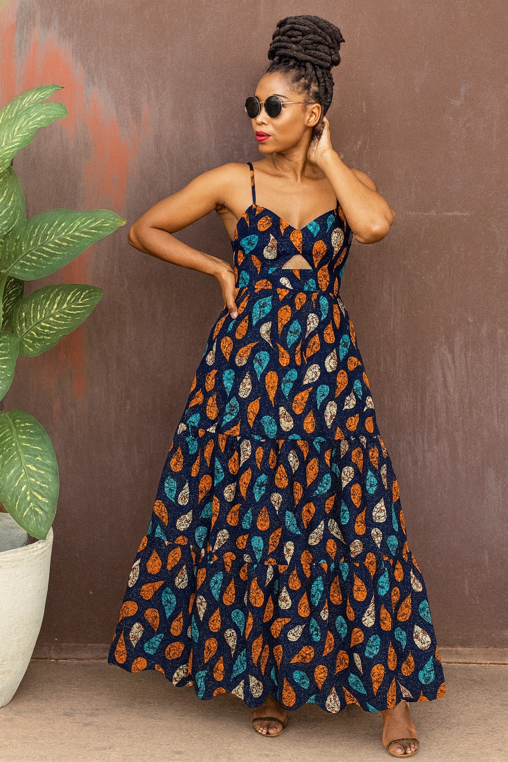 Selene Maxi in ember-drop: teal, amber and bone batik teardrops on indigo, tiered to the ankle