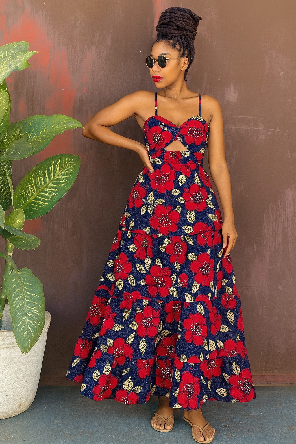The Selene Maxi: tiered floor-length dress in deep navy covered with coral-red blossoms and ivory leaves